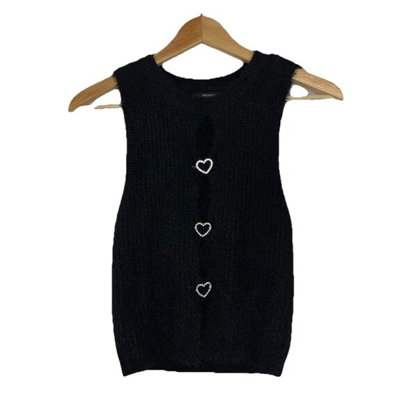 Forever 21 Women's Small Black Fuzzy Heart Rhinestone Open Front Tank top Y2K - Picture 1 of 6